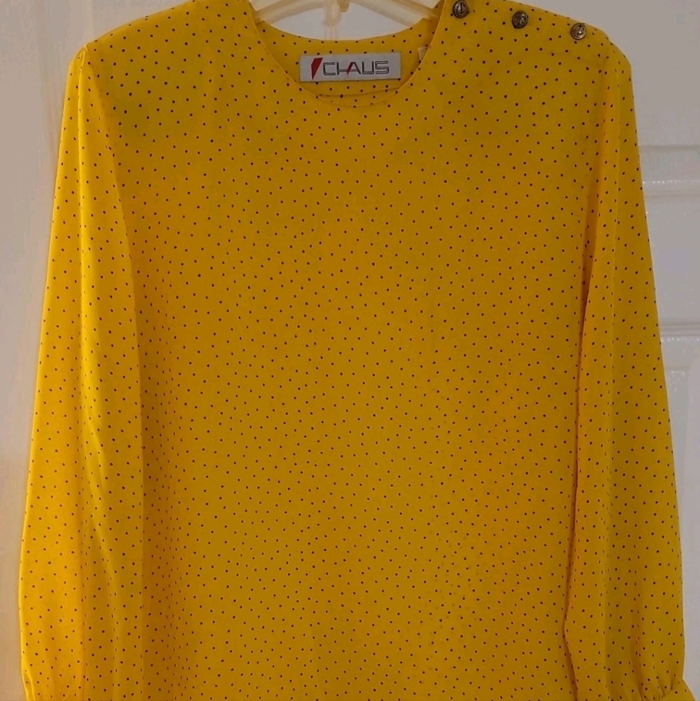 Chaus Vintage Sunshine Yellow With Black Polka Dot Blouse Size 8